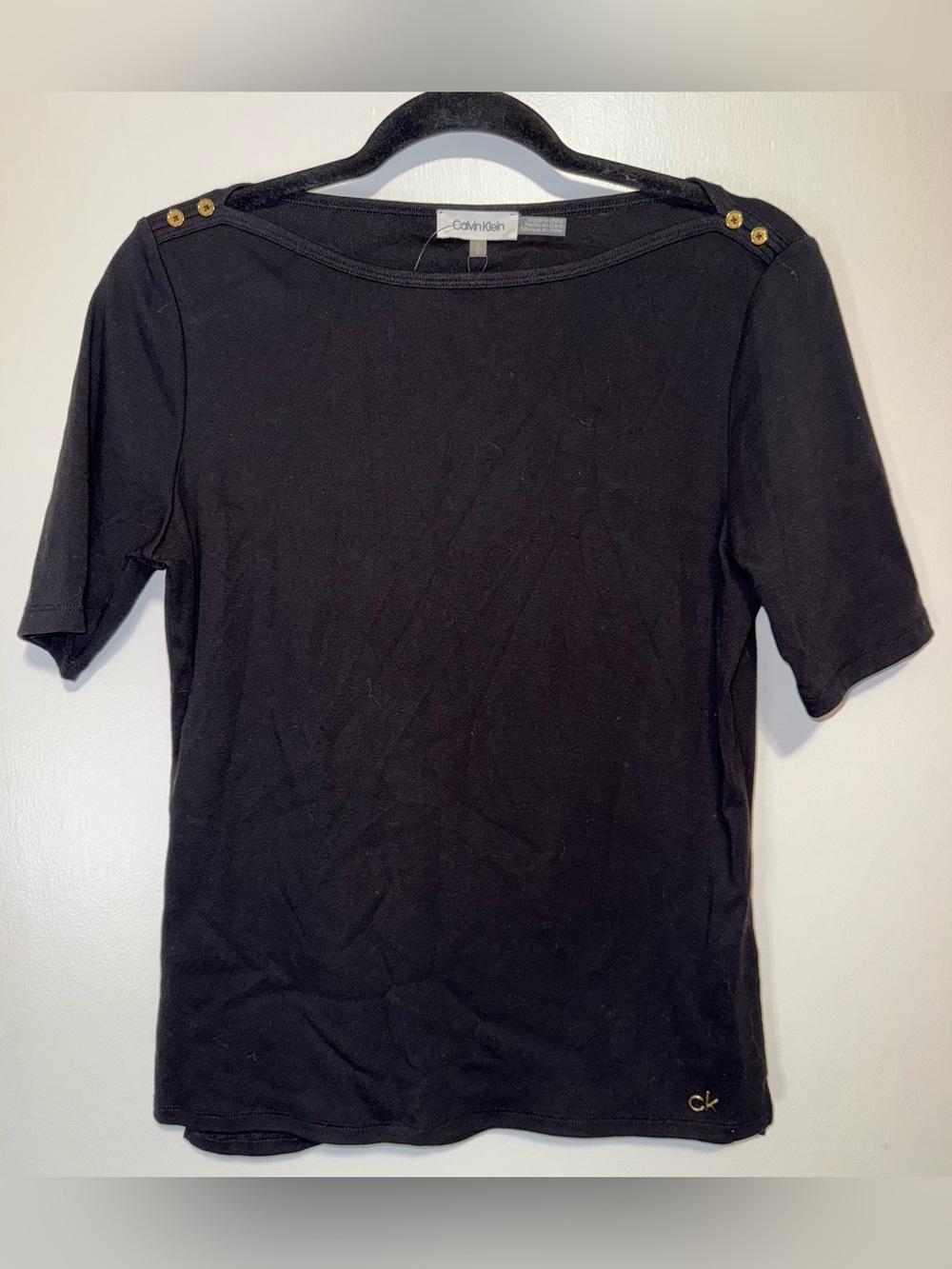Calvin Klein Black Short Sleeve Top with Gold Shoulder Buttons
